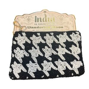 Wandering Moon Beaded Coin Pouch Black White Houndstooth Handmade India NWT